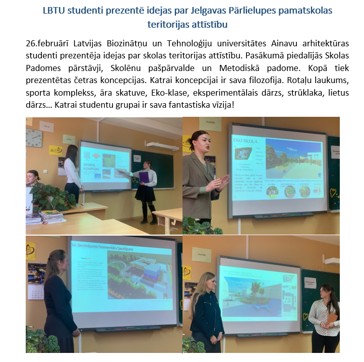 LBTU studenti prezentē idejas par Jelgavas Pārlielupes pamatskolas teritorijas attīstību